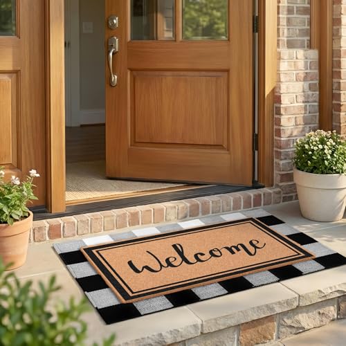 2-Piece Layered Welcome Mat Set - Coir Doormat & Buffalo Plaid Rug - color: Welcome 1
