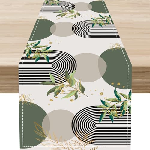 Mid Century Table Runner, Abstract Green Leaves Tropical Plants Palm Leaf Bohemian Geometric Minimalism Table Decorations for Kitchen Living Room Home Party Decor 13x36 inch - color: Boho Leaf-3, size: 13x36" Table Runner