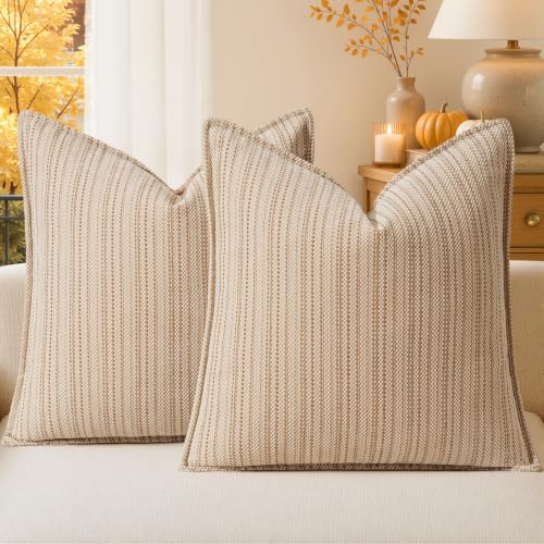 a moment Khaki Designer Textured Throw Pillow Covers 22x22 Set of 2 Vertical Striped Chenille Cushion Covers Decorative Pillowcases for Couch Sofa Bed Living Room Boho Farmhouse Home Decor - color: Khaki, size: 22" x 22" (Pack of 2)