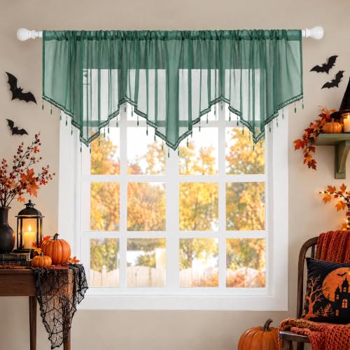 Molaxhome Swag Curtain Scalloped Curtain Valance Drape Sheer Lace Panel 1pc - color: Dark Green