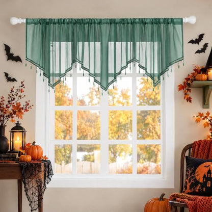 Molaxhome Swag Curtain Scalloped Curtain Valance Drape Sheer Lace Panel 1pc - color: Dark Green