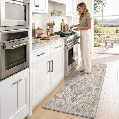 LUMI Kitchen Floor Mat Cushioned Anti Fatigue Runner Rug, 24"x59" - color: Cream & Multi, size: 59"L x 24"W x 0.4"Th