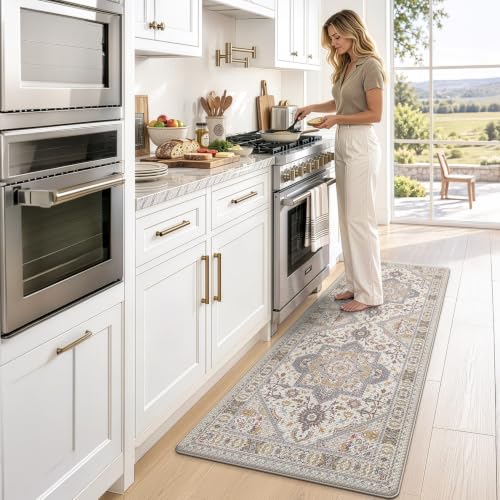 LUMI Kitchen Floor Mat Cushioned Anti Fatigue Runner Rug, 24"x59" - color: Cream & Multi, size: 59"L x 24"W x 0.4"Th