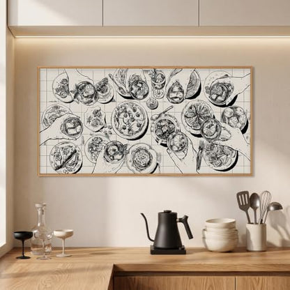 DRACIT Black White Dinner Party Sketch Framed Canvas Wall Art Set-40" x20" - color: Sketch Food and Drink Wall Art, size: 40"L x 20"W