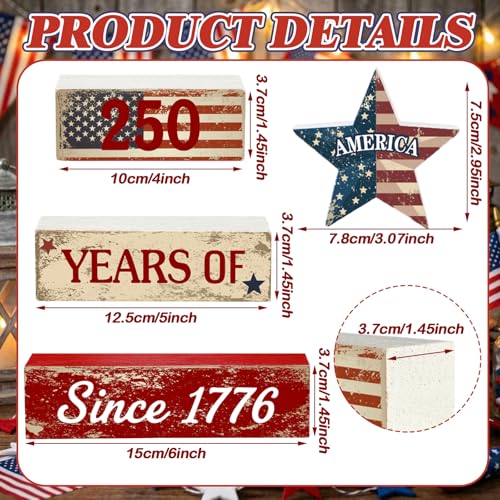 Amyhill 250th Anniversary Decorations Patriotic Wood Block Signs Table Centerpiece 1776-2026 Stars Stripes Tiered Tray Decor for 4th of July Independence Day Home Kitchen Office - style: American Star