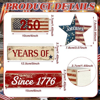 Amyhill 250th Anniversary Decorations Patriotic Wood Block Signs Table Centerpiece 1776-2026 Stars Stripes Tiered Tray Decor for 4th of July Independence Day Home Kitchen Office - style: American Star