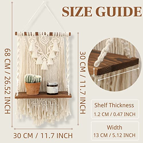 Macrame Wall Hanging Shelf & Boho Decor, Handmade Wooden Floating Shelves - size: Small