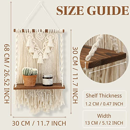 Macrame Wall Hanging Shelf & Boho Decor, Handmade Wooden Floating Shelves - size: Small