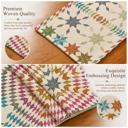 Boho Mandala Table Runner, Retro Colorful Geometric Star Linen Runner 72" - color: Multi Color