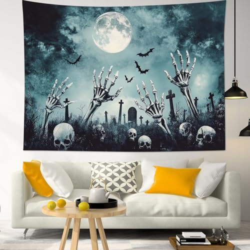 HVEST Black Halloween Tapestry Wall Hanging Scary Skeleton and Horror Tombstone in Cemetery Wall Art Spooky Bat and Misty Full Moon Tapestry for Bedroom Living Room Dorm Wall Decor, 40L X 60W inches - color: Black White, size: 40"L x 60"W
