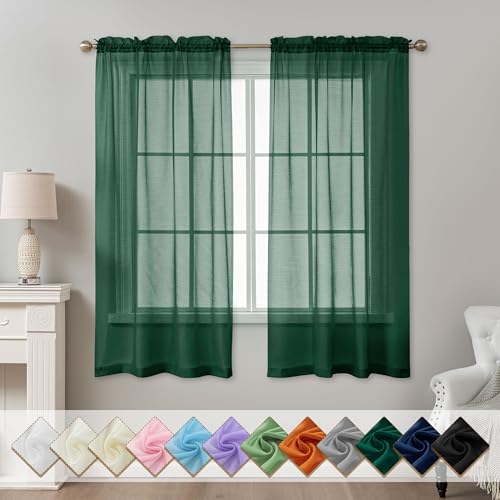 Green Sheer Curtains 63 Inch Length Rod Pocket - color: Hunter Green, size: 42"W x 63"L (Pack of 2)