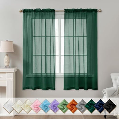 Green Sheer Curtains 63 Inch Length Rod Pocket - color: Hunter Green, size: 42"W x 63"L (Pack of 2)