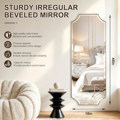 POZINO 48"x18" Premium Brushed Gold Rectangle Wall Mirror with Beveled Edge - color: Brushed Gold Scalloped, size: 48"L x 18"W