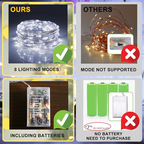 White Fairy Lights Battery Operated (Included), 8 Modes & Auto Timer, 16FT 50Led Mini Twinkle Silver Wire Firefly Starry Lights, Waterproof Battery Operated Lights for Mason Jars Bedroom - color: White, size: 1 Pack - Batteries Included