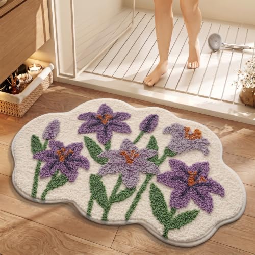 Cloud-Shaped Lily Bath Mat, Soft Non-Slip Fluffy Fresh Flowers Bathroom Rug, Ultra Absorbent Microfiber Shaggy Door Mat, Machine Washable Bath Rug Carpet for Bathtub Bedroom 20x31 Inch (Purple Lily) - color: Purple Lily