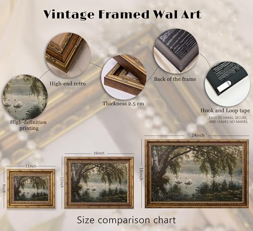 VZKRHPGA Vintage Gold Framed Landscape Wall Art Vintage River Canvas Prints - color: Swan Lake, size: 16"L x 12"W