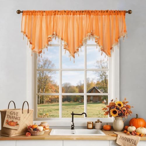 WUBODTI Orange Beaded Sheer Curtain Valances Living Room Kitchen Windows - color: Orange
