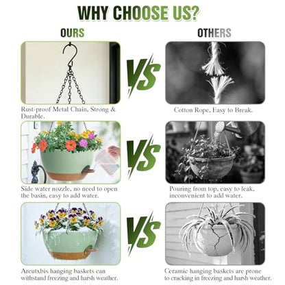 10 Inch Self-Watering Hanging Planters Set of 3 with Saucers - color: Green Brown, size: 10 Inch 3 Pack