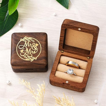 KWOOD Custom Wooden Wedding Ring Box for 2 Rings, Engraved Mr & Mrs Double Ring Holder for Wedding Ceremony Ring Bearer Box Anniversary Birthday Gift Ideas - style: G-Mr & Mrs
