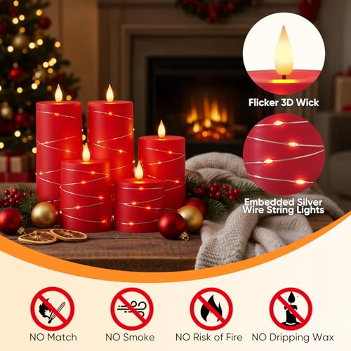 Raycare Red Battery Operated Flameless LED Pillar Candle with Remote Timer - color: 5pcs-Red