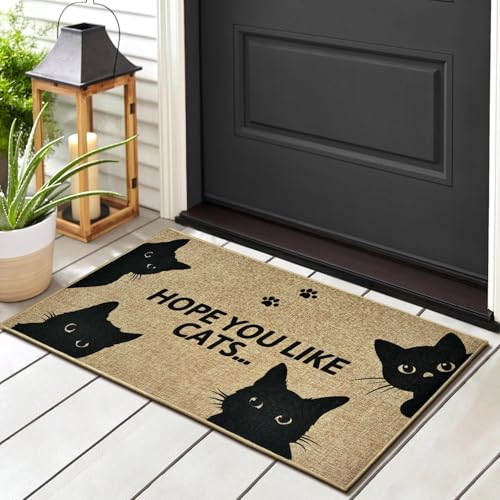 Black Cat Mat Outdoor Indoor Welcome Floor Rugs Funny Entry Doormat 17"x30" | Mats for front back door, entrance matts, non-slip backing, durable, housewarming gifts, for living room patio porch hallway - color: Cat