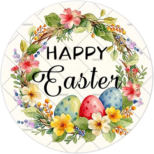 EMOHAT Happy Easter Floral Round Metal Tin Sign, 12x12 Inch Spring Wall Art with Easter Eggs Flowers, Rustic Outdoor Decor for Garden Yard Porch - color: Happy Easter Floral, size: 12x12 Inch