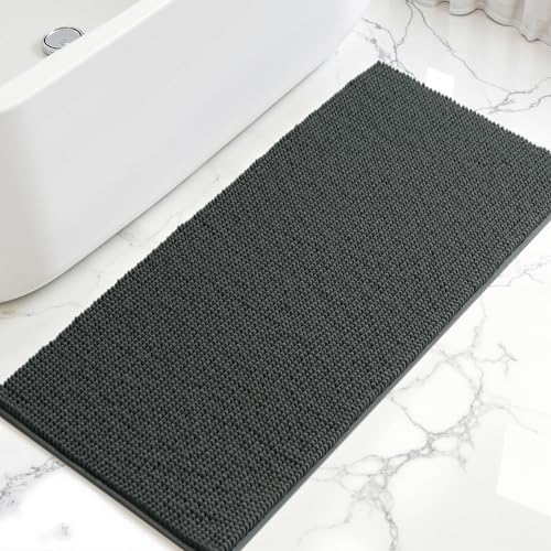 SUBRTEX 욕실 러그, 61 x 139.7cm(24 x 55인치) 셔닐 욕실 러그 부드럽고 짧은 플러시 욕실 매트 부드러운 샤워 매트 수분 흡수 샤워 매트 빠른 건조 세탁기 세탁 가능, 그레이 - color: 회색., size: 55인치 x 24인치