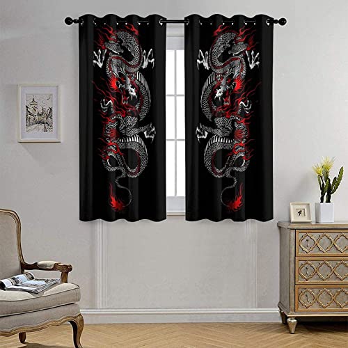 Fantasy Chinese Dragon Curtains - Cool Retro Black Red Japanese Anime Dragon Window Drapes Room Darkening Blackout Curtains Thermal Insulated Grommet Curtains for Bedroom 2 Panels 45L x 21W - color: Fantasy Chinese Dragon, size: 42"W x 45"L (Pack of 1)