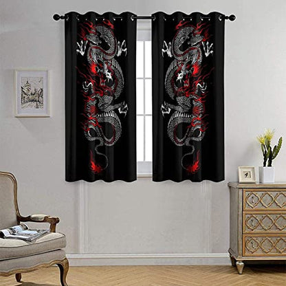 Fantasy Chinese Dragon Curtains - Cool Retro Black Red Japanese Anime Dragon Window Drapes Room Darkening Blackout Curtains Thermal Insulated Grommet Curtains for Bedroom 2 Panels 45L x 21W - color: Fantasy Chinese Dragon, size: 42"W x 45"L (Pack of 1)