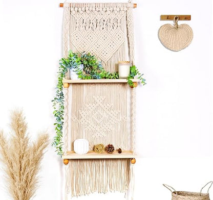 Macrame wall Hanging Shelf (Tier 2, Natural White) - size: Tier 2