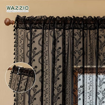 WAZZIO Boho Sheer Curtains 2 Panels,Victorian Lace Drapes,Black,W52 x L63 - color: Black, size: 52"W x 63"L (Pack of 2)