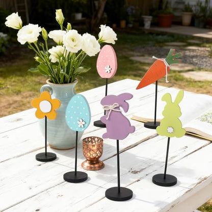 JIALEIXI 6PCS Wooden Easter Decorations, Spring Bunny Rabbit Egg Flower Table Sign, for Home Indoor Party Holiday Summer Farmhouse Decor