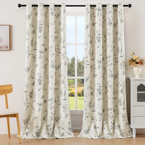ChrisDowa 100% Blackout Floral Curtains 96 Inches Long 2 Panels,Grey/Beige - color: Grey on Beige, size: 52"W x 96"L (Pack of 2)