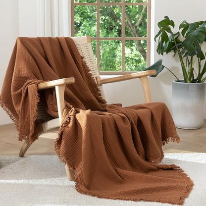 MooMee 100% Cotton Muslin Blanket, Fringed 4-Layer Gauze Bed Couch Throw - color: Drak Orange, size: Throw