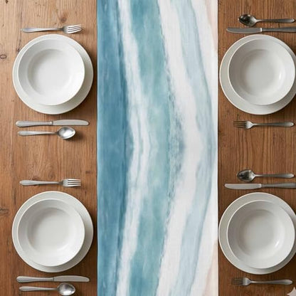 Ombre Coastal Table Runner 36 Inches Long,Summer Ocean Beach Beige Cotton Linen Table Runners Dresser Scarves,Gradient Blue Waves Fabric Tabletop Scarf Furniture Cover for Home Dinner Party 13"x36" - color: Light Blue Green Beige, size: 13x36 Inches