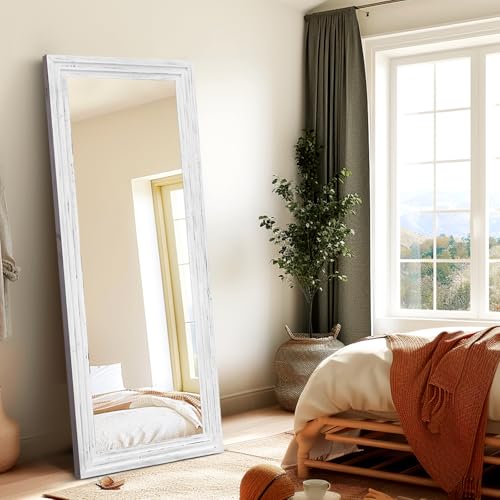 58x22in Full Length Mirror, 3-Tier Stepped Solid Wood Frame, White - color: White, size: 58"L x 22"W