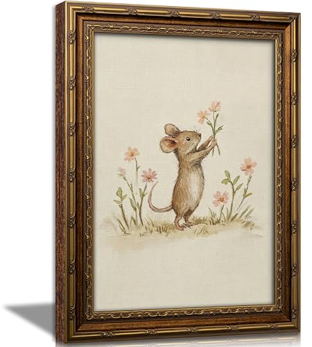 Vintage Gold Framed Nursery Mouse Wall Art, Whimsical Mouse Canvas Print - color: Mouse, size: 16"LX12"W