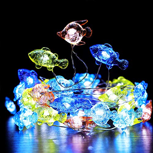 WSgift Tropical Fishes Decorative String Lights, 18.7 Ft 40 LED USB Plug-in Silver Copper Wire Beach Theme Fairy Lights for Indoor Outdoor Decoration Projects (Cool White, Remote Control with Timer) - color: Cold white LED Tropical fishes