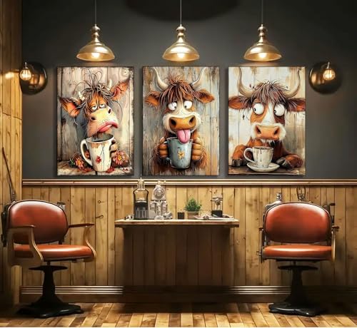 3pcs Funny Cow Canvas Wall Art Humor Dreaming Cow Drinking Coffee Wall Decor Pictures Playful Country Farmhouse Animals Posters Prints Paintings for Living Room Bedroom Kids Room Bathroom Decoration - color: Funny Cow, size: 16"L x 12"W-Canvas