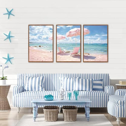 KAlRNE Pink Coastal Framed Art Prints Ocean Canvas Wall Art Set-24’’X36’’X3 - color: Pink Beach, size: 24"Lx36"W