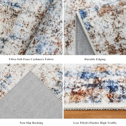 2x5 Non-Slip Washable Runner Rug – Modern Neutral Abstract Small Rug for Hallway, Kitchen, Bathroom, Bedroom, Entryway, Laundry Room – Thin Soft Low-Pile Rubber Backing（Blue Brown） - color: Blue/Brown, size: 2' x 5' (Rectangular)