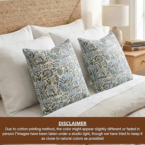 ATOSII Cotton Blockprint Throw Pillow Cover, Clover Blue, Set of 2, 18 X 18 - color: Clover Blue, size: 18" x 18" (Pack of 2)