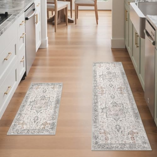 GENIMO Washable Kitchen Rugs Sets of 2, Non Slip Kitchen Mats for Floor - color: Light Taupe Brown, size: 1'5" x 2'6"+1'5" x 4'11" (Runner)
