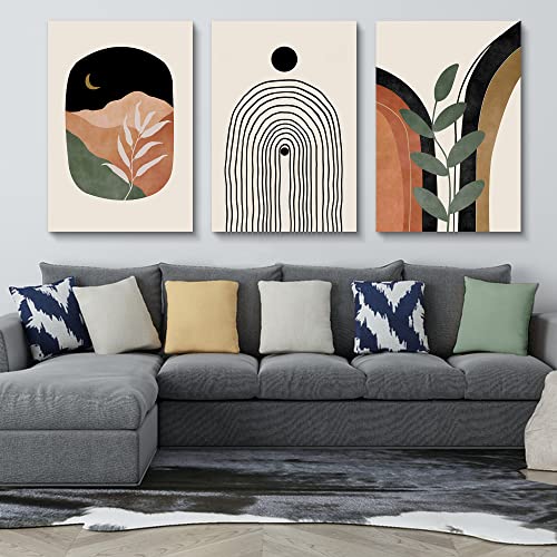 Boho Wall Art Set of 3 - Mid Century Modern Canvas Prints: Sun Moon Leaf Mountain, Neutral Abstract Geometric for Bedroom, Bathroom, Living Room, Office - color: Boho Prints-2, size: 24x36inchx3pcs