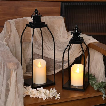 Decorative Candle Lanterns Set of 2, Black Metal for Indoor & Outdoor - size: 14+17in