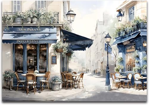 Framed European Street Canvas Art, 24"x16" Modern Cafe Scene - color: Blue 02, size: 24"L x 16"W