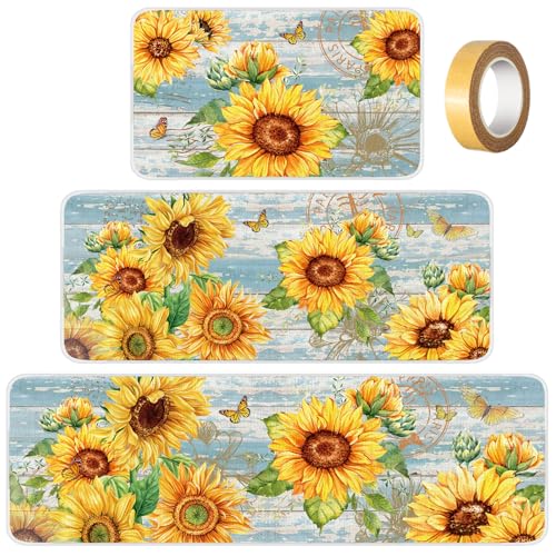 Fourluoo 3 Pcs Sunflower Kitchen Rugs and Mats Set - color: Light Blue