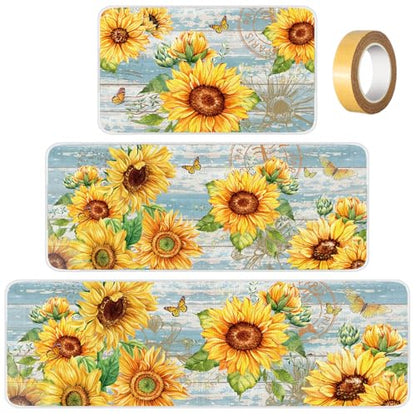 Fourluoo 3 Pcs Sunflower Kitchen Rugs and Mats Set - color: Light Blue