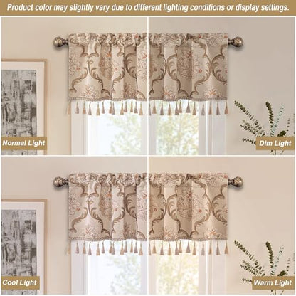 Loom and Mill Luxury Damask Floral Valances for Windows,Light Khaki,54"x18" - color: Mika-light Khaki