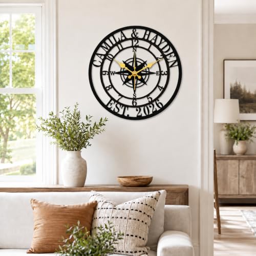 Personalized Wall Clock, Custom Family Name Metal Clock, Compass Wall Decor - color: Design9